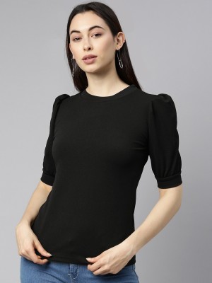 Selvia Casual Half Sleeve, Puff Sleeve Solid Women Black Top