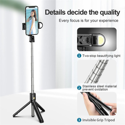 POZUB PZBL03 Selfie Stick Tripod With Fill Light Wireless Bluetooth Detachable Remote, 360°Rotation, Selfie Stick And Stand R1S With Flash Light And Remote Control Selfie Stick Extendable Stick Mini Tripod With Detachable Remote For Smart Selfie Phone Holder Best Use For Make Videos Compatible With 