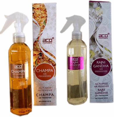 aco PERFUMES champa + rajnigandha Car Freshener Spray Champa - Rajnigandha All purpouse trigger air freshner 500ML COMBO SET .(2 x 200 ml)