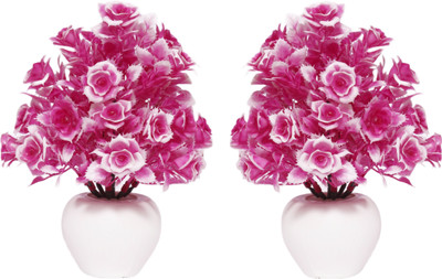NERAPI Set of 2 Piece Unique Design Rose Flower Plant for Home/Office Décor Accent, Pink Rose Artificial Flower  with Pot(6.5 inch, Pack of 2, Flower with Basket)