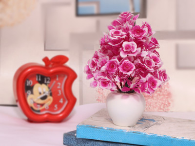 NERAPI Beautiful Mini Love Pink Wild Rose Flower Plant For Décoration, Pink Rose Artificial Flower  with Pot(6.5 inch, Pack of 1, Flower with Basket)