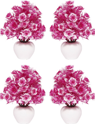 NERAPI Set of 4 Piece Love Pink Roses Flower for Décoration, Pink Rose Artificial Flower  with Pot(6.5 inch, Pack of 4, Flower with Basket)