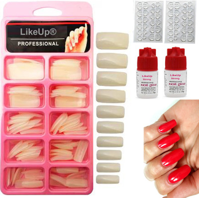 LikeUp Imported Gorgeous 100pcs Reusable Transparent Artificial Nail Tips Best False Nails with 10ml Strong Brush Glue 2 x Sheets (48 pic Tab) And 2xBottle Glue Natural Color(Pack of 100)