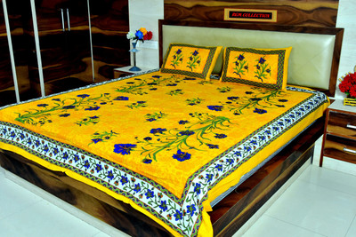 RGM Collection 120 TC Cotton Double Jaipuri Prints Flat Bedsheet(Pack of 1, Yellow)