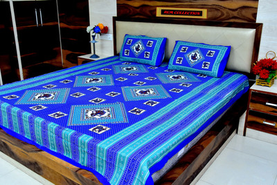 RGM Collection 120 TC Cotton Double Jaipuri Prints Flat Bedsheet(Pack of 1, Blue)