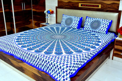RGM Collection 120 TC Cotton Double Jaipuri Prints Flat Bedsheet(Pack of 1, Blue)