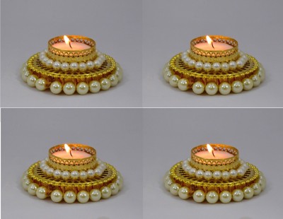 Prop It Up Antique Brass Crystal/MOTI CANDLE Diya Set for Puja Room CANDLE Lamp - Diwali Diya - Diwali Decorations Items for Home and Diwali Gifts Iron, Plastic 4 - Cup Candle Holder Set(Gold, White, Pack of 4)
