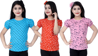 INDIA FASHION FAB Girls Printed Pure Cotton Regular T Shirt(Multicolor, Pack of 3)