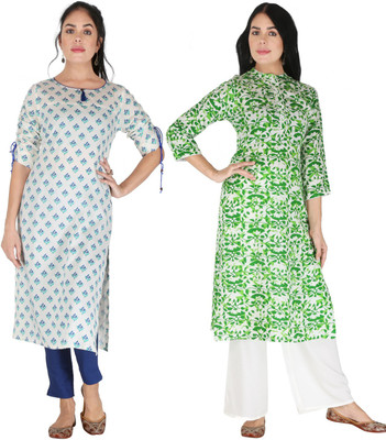 IRK Fashion Women Floral Print Straight Kurta(White, Green)
