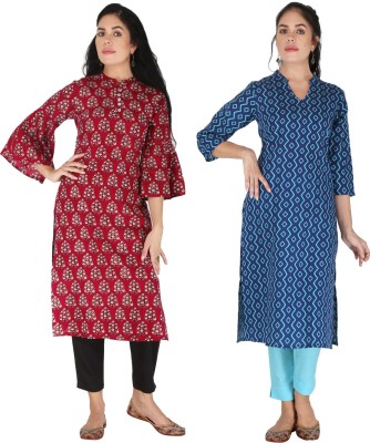 IRK Fashion Women Abstract Straight Kurta(Maroon, Blue)