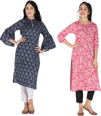 IRK Fashion Women Abstract Straight Kurta(Blue, Pink)