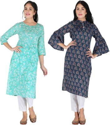 IRK Fashion Women Floral Print Straight Kurta(Light Blue, Blue)