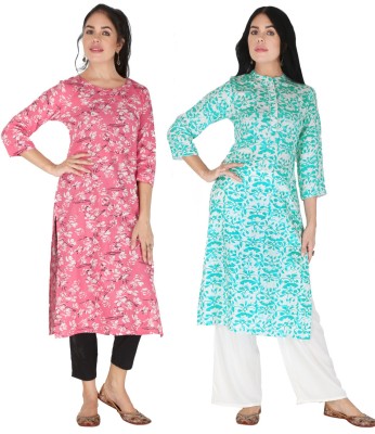 IRK Fashion Women Floral Print Straight Kurta(Light Blue, Pink)