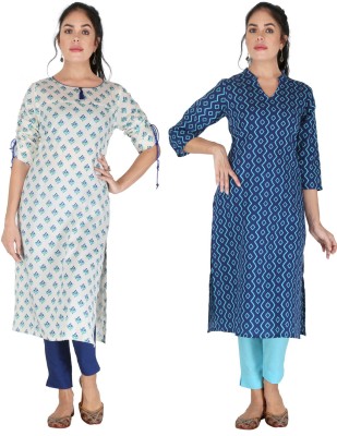 IRK Fashion Women Floral Print Straight Kurta(White, Blue)