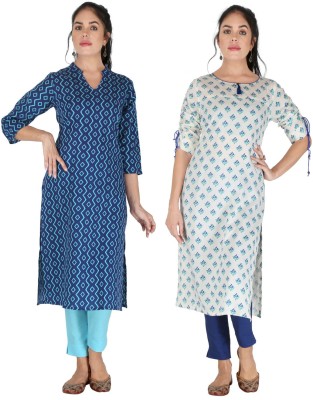 IRK Fashion Women Geometric Print Straight Kurta(White, Blue)