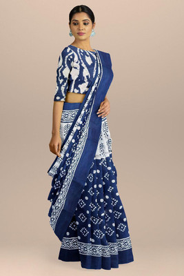 RADHA LAKSHMI Printed Hand Batik Pure Cotton Saree(Blue)