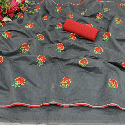 DHRUV CREATION Embroidered Chanderi Chanderi Saree(Grey)