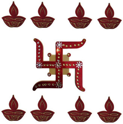 DIVINARY 10 cm Shubh Diwali Swastik Rangoli Sticker Deepak Decorative Sticker Self Adhesive Sticker(Pack of 9)