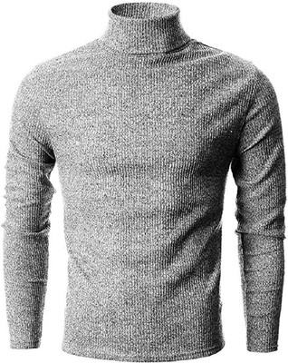 Clothify Self Design Turtle Neck Casual Men Grey Sweater