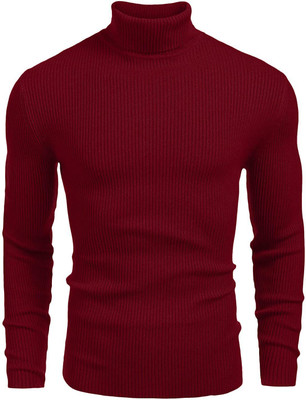 Clothify Self Design Turtle Neck Casual Men Maroon Sweater