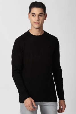 Peter England University Striped Round Neck Casual Men Black Sweater