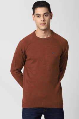 Peter England University Striped Round Neck Casual Men Brown Sweater