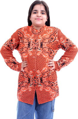 manra Animal Print Round Neck Casual Girls Orange Sweater