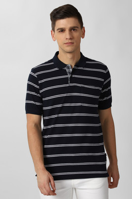 PETER ENGLAND Striped Men Polo Neck Blue T-Shirt