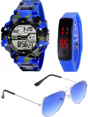 Razyloo COM BRANDED AMERICAN ARMY MILITARY SILICON STRAP LED UV PROTECTION BLACK AVIATOR SUNGLASS Digital Watch - For Boys