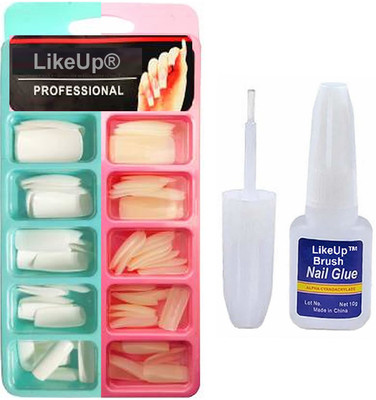 LikeUp Imported Gorgeous 100pcs Reusable Transparent Artificial Nail Tips Best False Nails with 10ml strong nail brush glue Gorgeous 100pcs acrylic artificial shining fake nails Natural Color(Pack of 100)