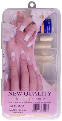 UniTale Professional Shining 100 Pcs False Nails Extension Artificial Nail Art, French False Nails with 1 Skin Friendly Strong Glue Shining White(Pack of 100)