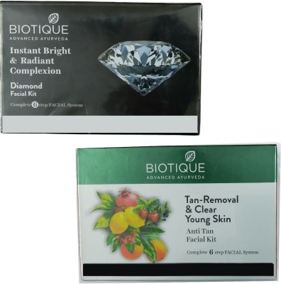 BIOTIQUE 1 TAN REMOVAL & CLEAR YOUNG SKIN ANTI TAN FACIAL KIT + 1 INSTA BRIGHT & RADIANT COMPLEXION DIAMOND FACIAL KIT(2 x 25 g)