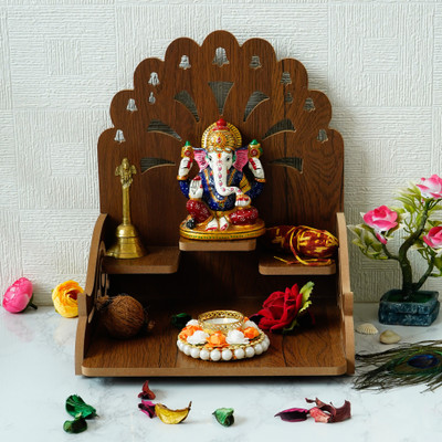 eCraftIndia Om with Bells Design and 3 Shelfs Laminated Wood Pooja Temple/Mandir Solid Wood Home Temple(Height: 28.9, DIY(Do-It-Yourself))