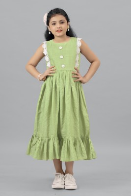 Mirrow Trade Girls Calf Length Casual Dress(Light Green, Sleeveless)