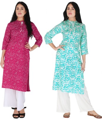 IRK Fashion Women Floral Print Straight Kurta(Light Blue, White, Pink)