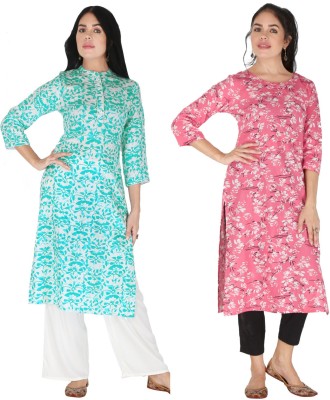 IRK Fashion Women Floral Print Straight Kurta(Light Blue, Pink)