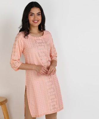 W Women Printed Straight Kurta(Pink)