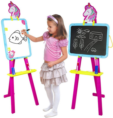 ITOYS Unicorn Easel Writing Board for Kids with Stand to Write Magnetic White Black Board for Kids Learning 8 in 1 Multipurpose for Drawing Painting(White)