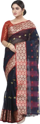 Ruuprekha Paisley, Striped, Woven, Applique, Polka Print, Floral Print, Checkered Tant Pure Cotton Saree(Black)