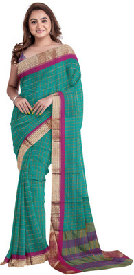 jmoverseas Checkered Bollywood Linen, Cotton Silk Saree(Light Green)