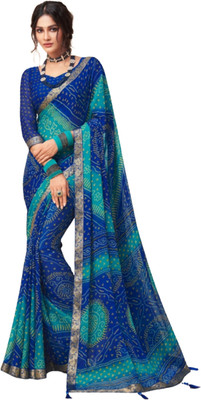 REBOOT FASHIONS Geometric Print Bandhani Chiffon Saree(Blue)