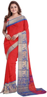 jmoverseas Self Design Dharmavaram Linen, Cotton Silk Saree(Red)