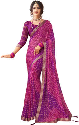 REBOOT FASHIONS Geometric Print Bandhani Chiffon Saree(Purple)