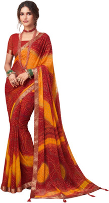 REBOOT FASHIONS Printed Bandhani Chiffon Saree(Red, Orange)