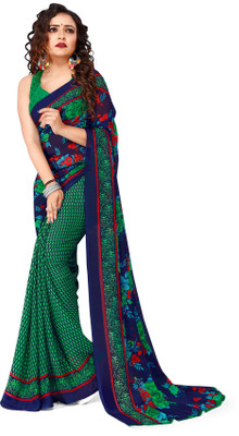 kashvi sarees Floral Print Daily Wear Georgette Saree(Dark Blue, Green)