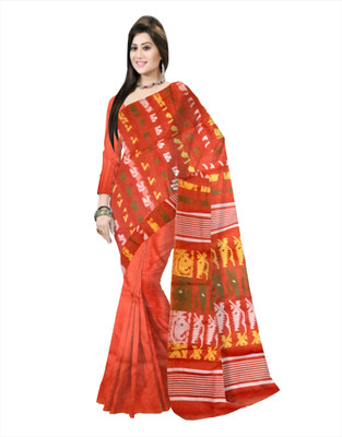 Pradip Fabrics Printed Tant Silk Blend Saree(Orange)
