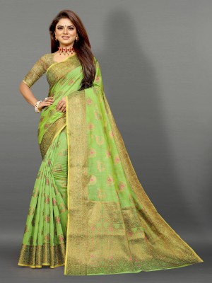 SKY VISION CREATION Self Design, Temple Border, Woven, Floral Print Banarasi Jacquard, Art Silk Saree(Green)