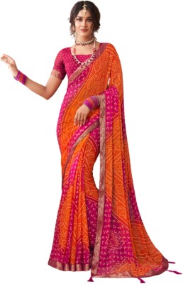 REBOOT FASHIONS Geometric Print Bandhani Chiffon Saree(Orange)