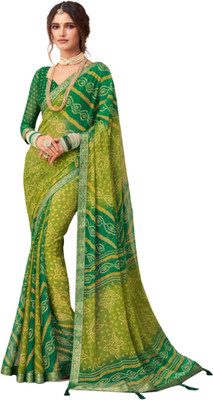 REBOOT FASHIONS Printed Bandhani Chiffon Saree(Light Green)