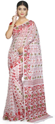 Mystory Woven Jamdani Cotton Blend Saree(Red, White)